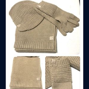 Calvin Klein 3 Piece Scarf, Hat, and Gloves set in Beige Gift Set